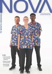 three people wearing colourful nurses uniforms