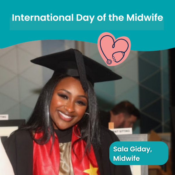 A midwife wearing a graduation gown and cap